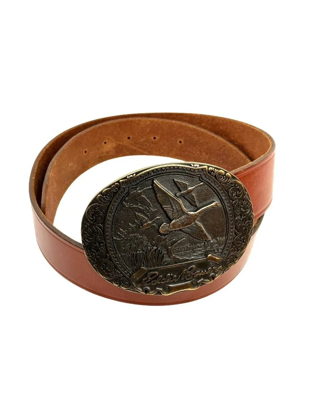 Eddie Bauer Ducks-In-Flight Design Medallion Buckle Leather Belt Mens 34 Brown